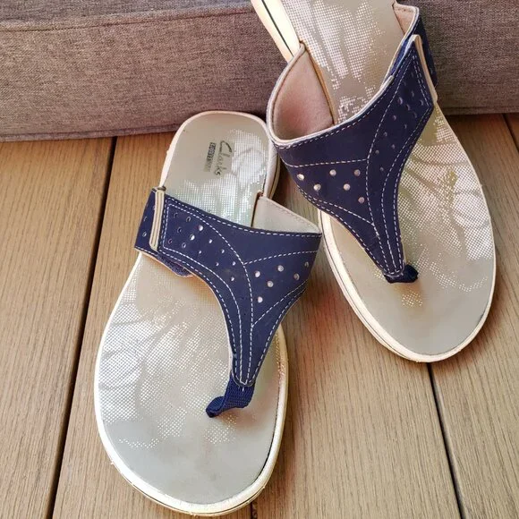 EUC CLARKS Collection Contoured Velcro Closure Thong Sandals blue canvas (8) - Picture 2 of 8